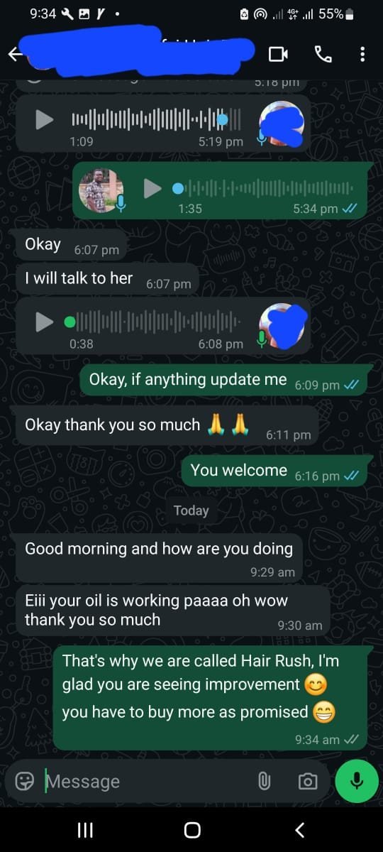 WhatsApp message from a HairRush customer saying the oil is working