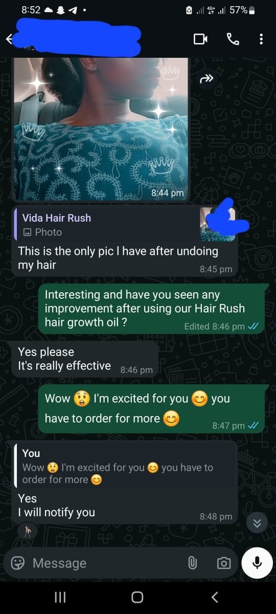 WhatsApp customer confirming HairRush is really effective