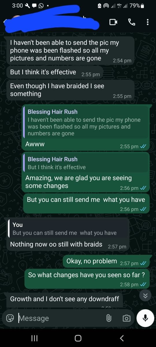 WhatsApp customer reporting hair growth with HairRush