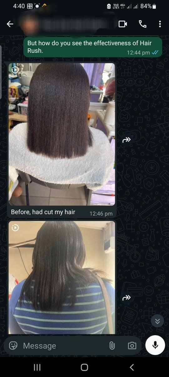 WhatsApp before-and-after showing hair growth after using HairRush